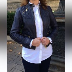 Michael Kors 100% Real Lamb Leather jacket Navy Blue and gold Women’s Small